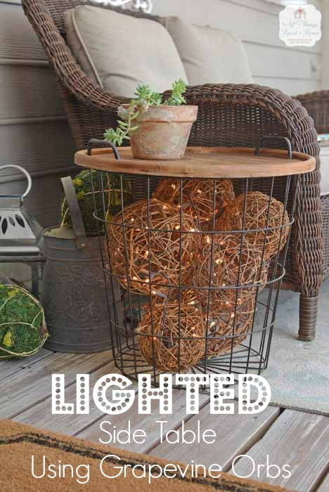 Lighted Grapevine Balls in a Side Table