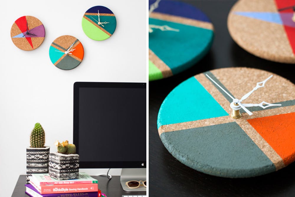 Turn Cork Trivets into Color Block Clocks