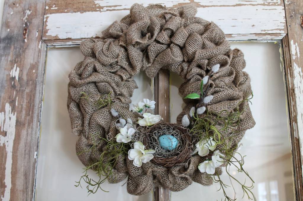 Spring Burlap Wreaths With Flowers and Nests