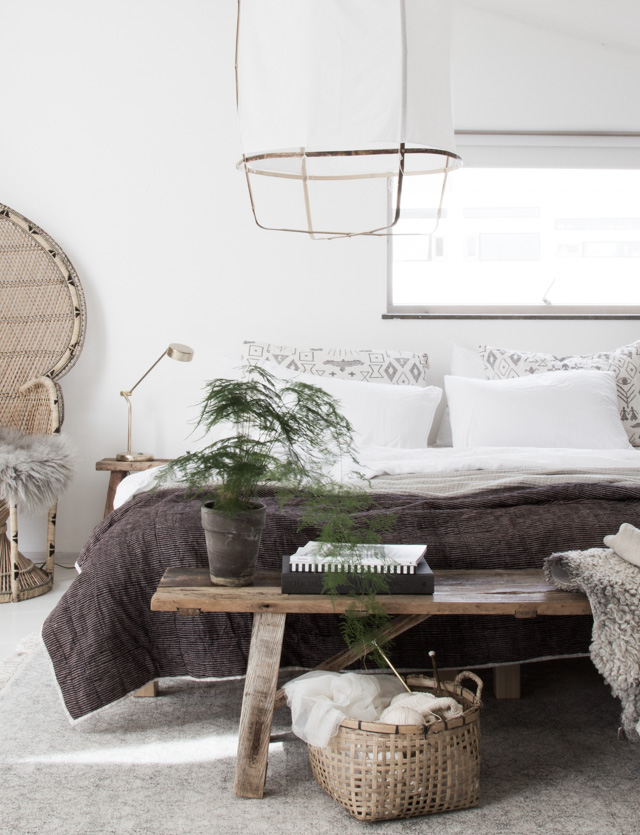 Bedside Rustic Bench and Peacock Chair