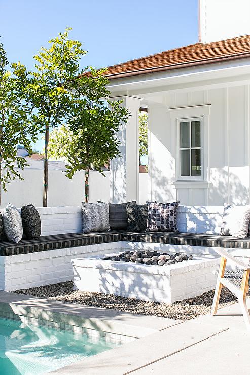 Patio with White Brick Bench and White Brick Fire Pit
