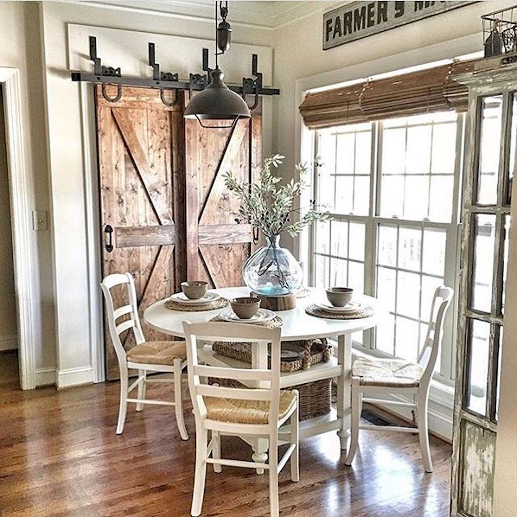 Dining Space with Sliding Doors and Weathered Shelf