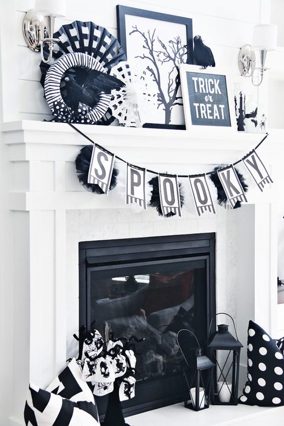 Winsome Spooky Black and White Halloween Mantel